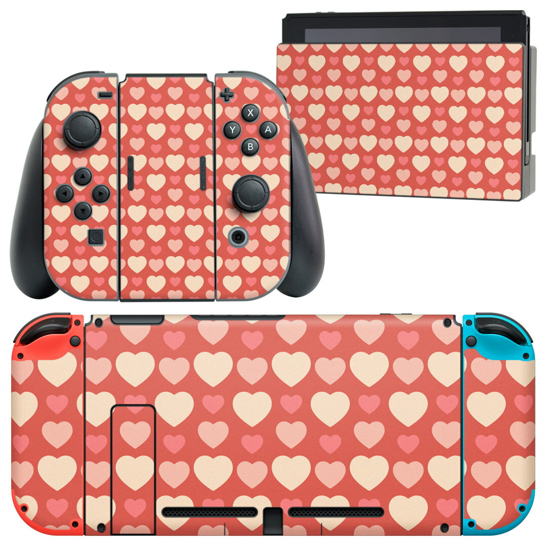igsticker Nintendo Switch 用 デザインスキンシール 任天堂 ニンテンドー スイッチ 専用 本体ドック Joy-Con Joycon ジョイコン 専用 ゲーム機 カバー アクセサリー フィルム ステッカー 008058 赤 レッド ピンク ハート 模様