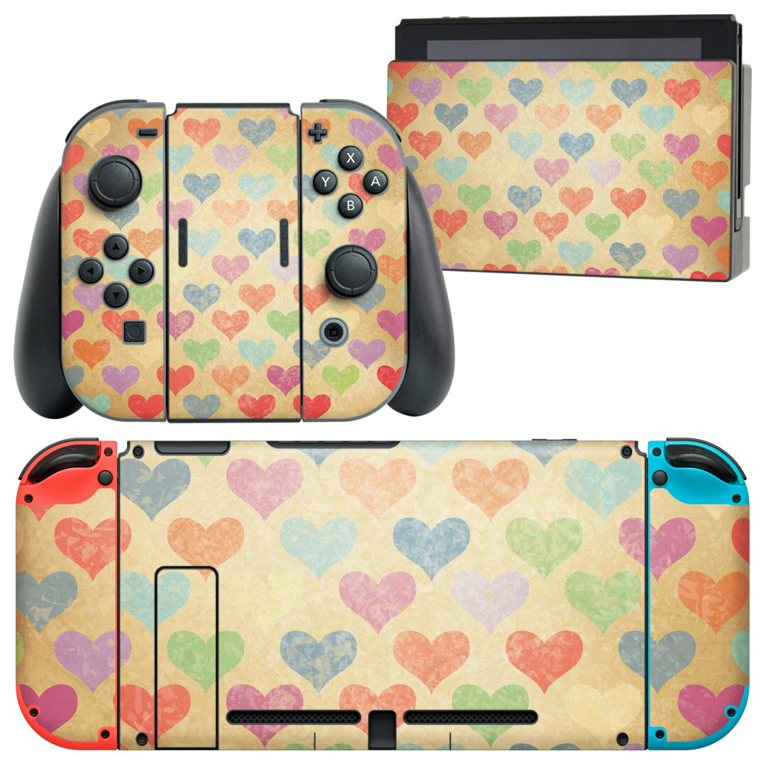 igsticker Nintendo Switch 用 デザインスキンシール 任天堂 ニンテンドー スイッチ 専用 本体ドック Joy-Con Joycon ジョイコン 専用 ゲーム機 カバー アクセサリー フィルム ステッカー 008059 ハート カラフル 模様 レトロ
