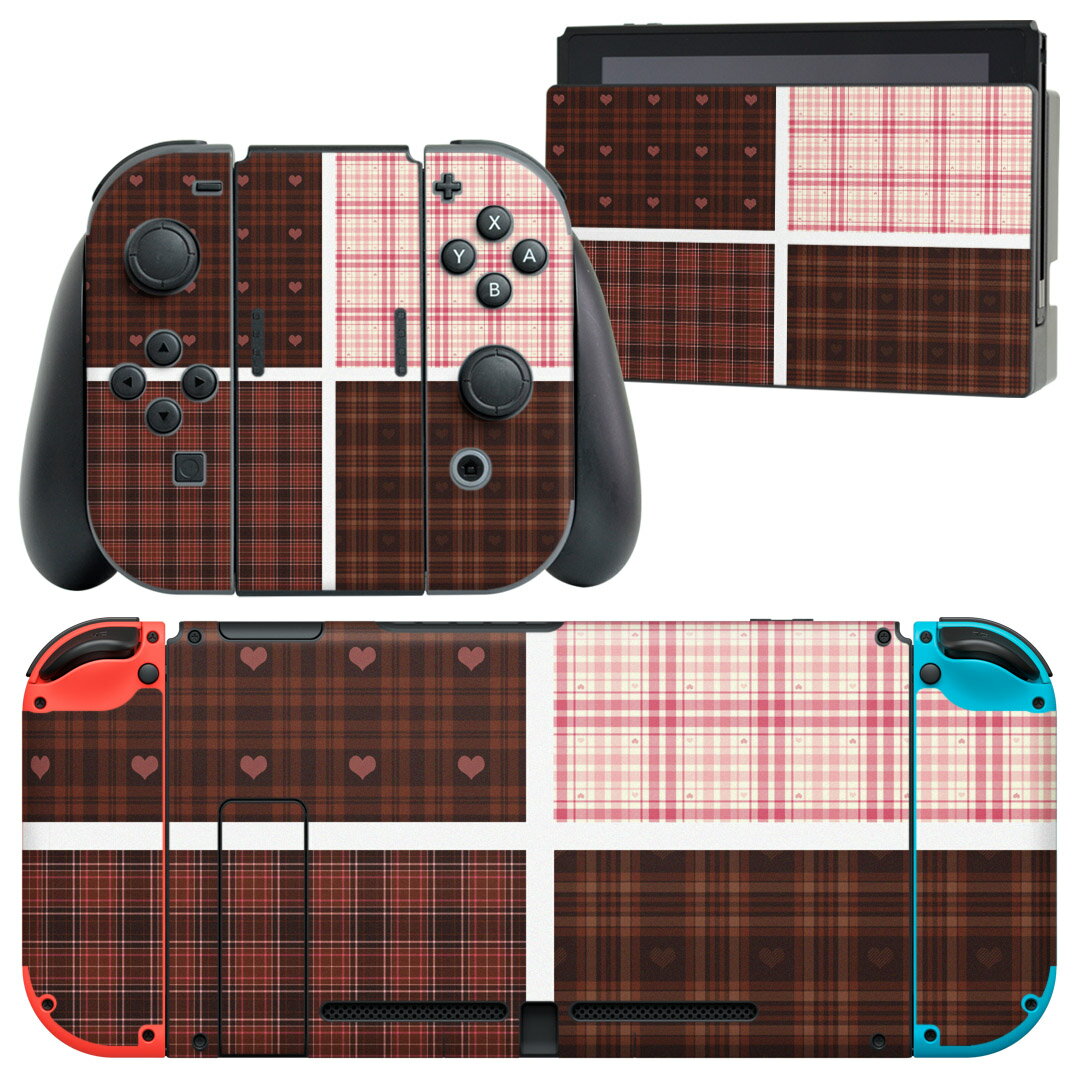 igsticker Nintendo Switch 用 デザインスキンシール 任天堂 ニンテンドー スイッチ 専用 本体ドック Joy-Con Joycon ジョイコン 専用 ゲーム機 カバー アクセサリー フィルム ステッカー 008072 ブラウン　チェック　ハート　ピンク