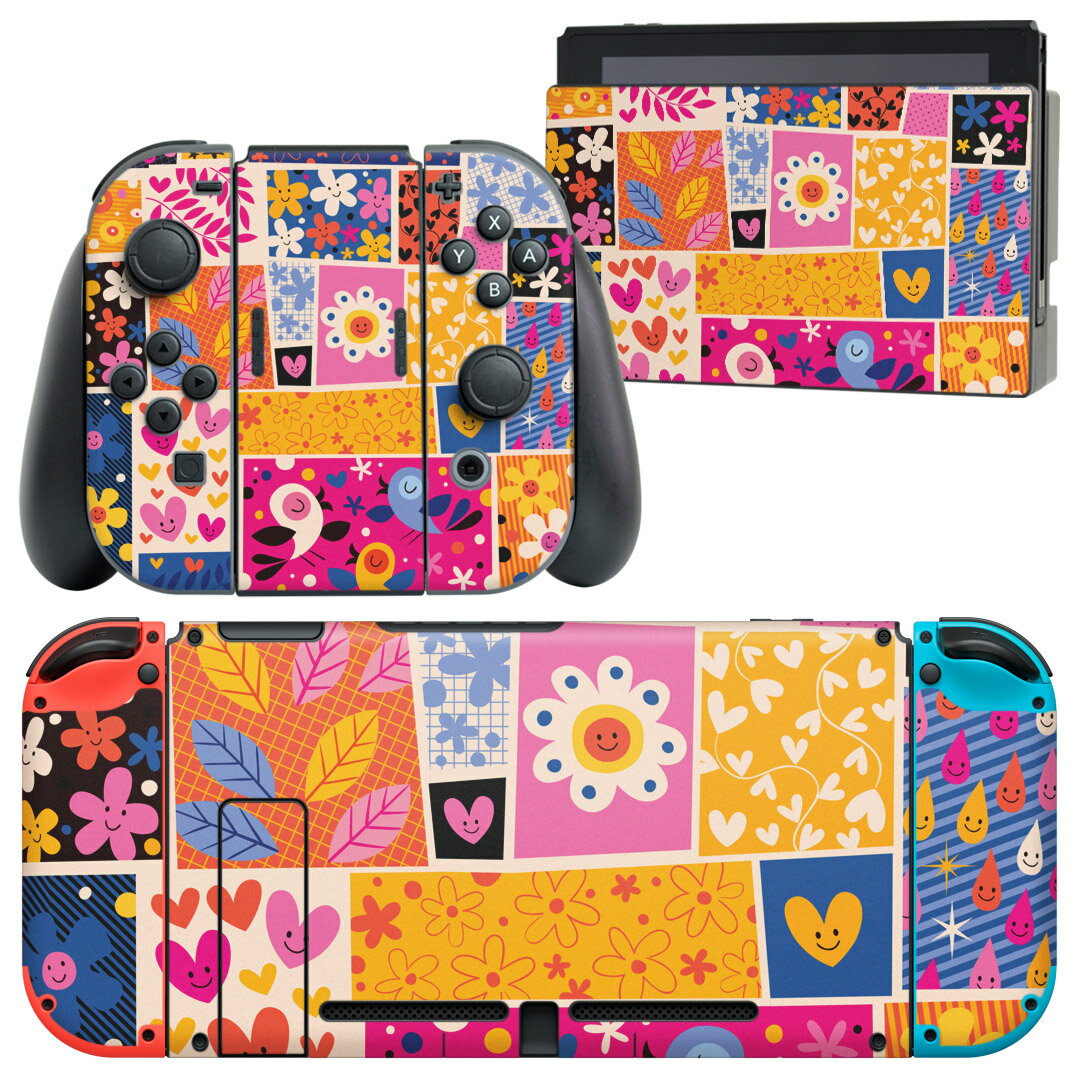 igsticker Nintendo Switch 用 デザインスキンシール 任天堂 ニンテンドー スイッチ 専用 本体ドック Joy-Con Joycon ジョイコン 専用 ゲーム機 カバー アクセサリー フィルム ステッカー 008074 花　　ハート　鳥　カラフル