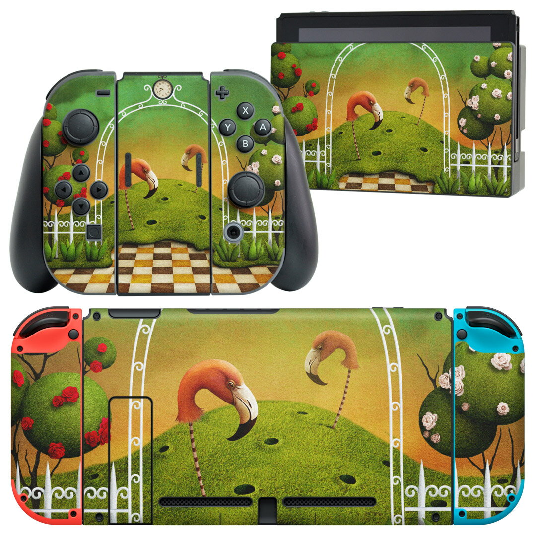 igsticker Nintendo Switch 用 デザインスキンシール 任天堂 ニンテンドー スイッチ 専用 本体ドック Joy-Con Joycon ジョイコン 専用 ゲーム機 カバー アクセサリー フィルム ステッカー 008084 花 フラミンゴ