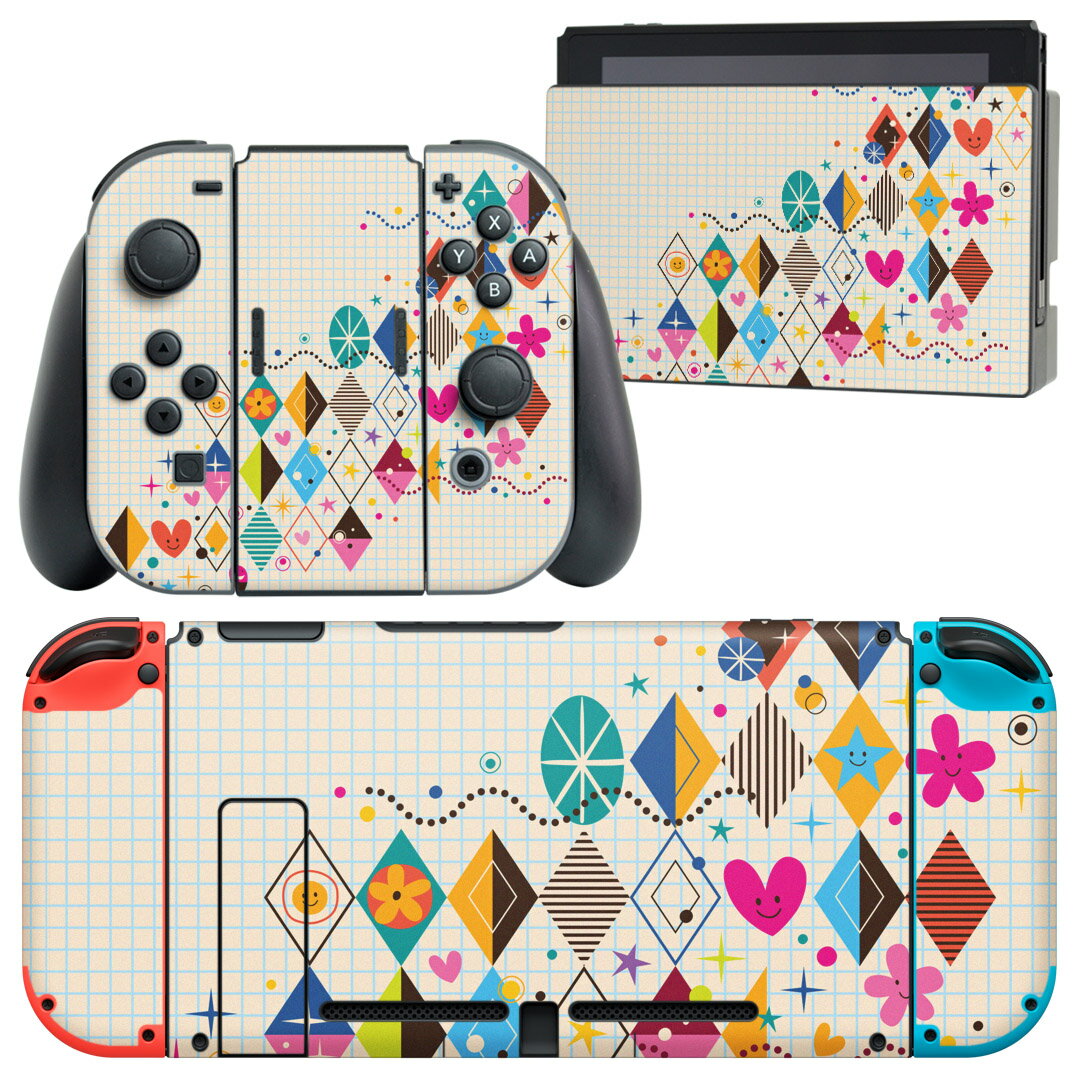 igsticker Nintendo Switch 用 デザインスキンシール 任天堂 ニンテンドー スイッチ 専用 本体ドック Joy-Con Joycon ジョイコン 専用 ゲーム機 カバー アクセサリー フィルム ステッカー 008085 ハート　イラスト　カラフル