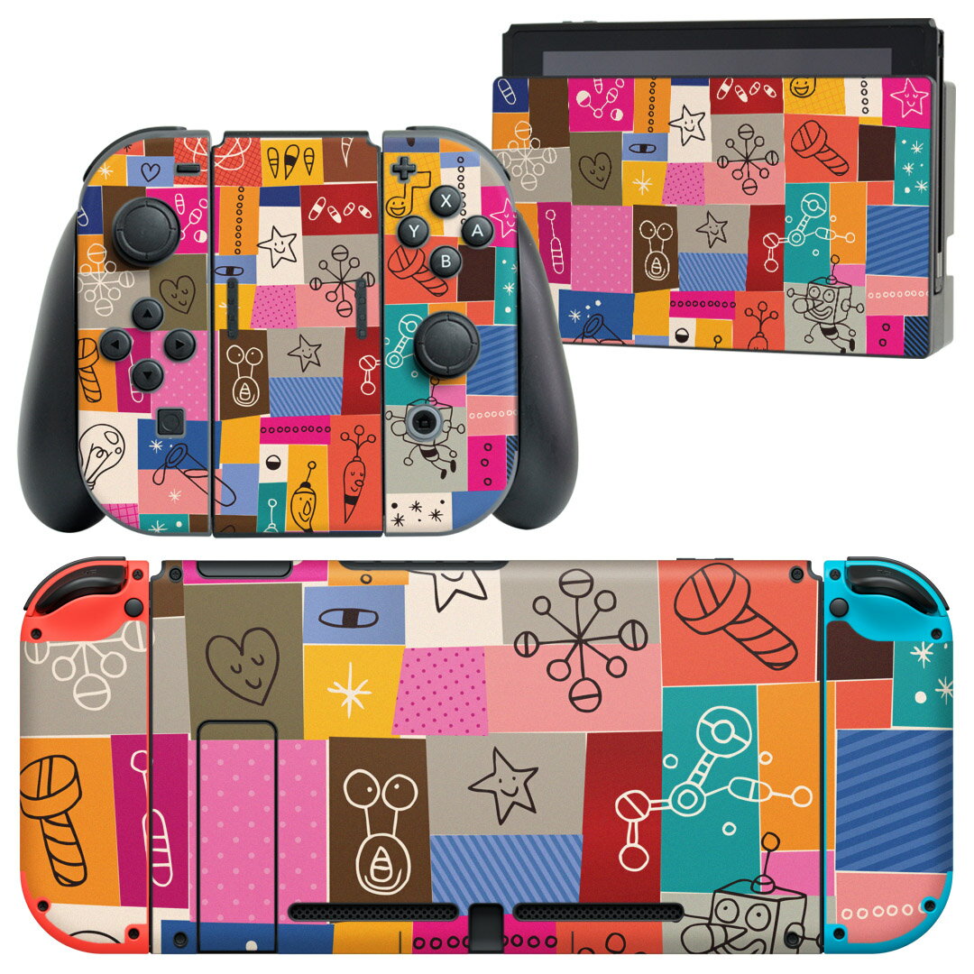 igsticker Nintendo Switch 用 デザインスキンシール 任天堂 ニンテンドー スイッチ 専用 本体ドック Joy-Con Joycon ジョイコン 専用 ゲーム機 カバー アクセサリー フィルム ステッカー 008087 ハート　イラスト　カラフル　模様
