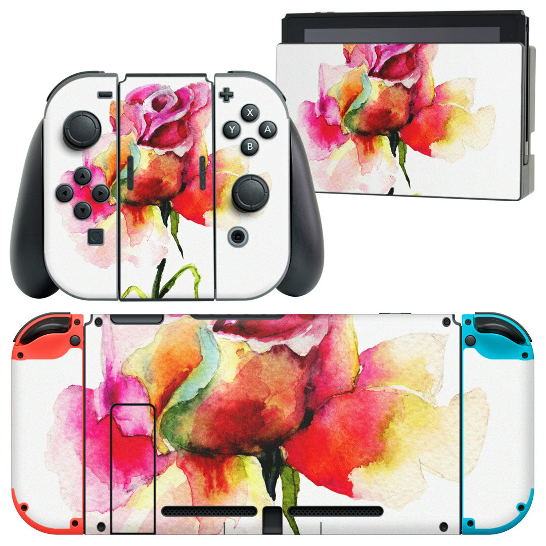 igsticker Nintendo Switch 用 デザインスキンシール 任天堂 ニンテンドー スイッチ 専用 本体ドック Joy-Con Joycon ジョイコン 専用 ゲーム機 カバー アクセサリー フィルム ステッカー 008097 花　　水彩　赤　ピンク