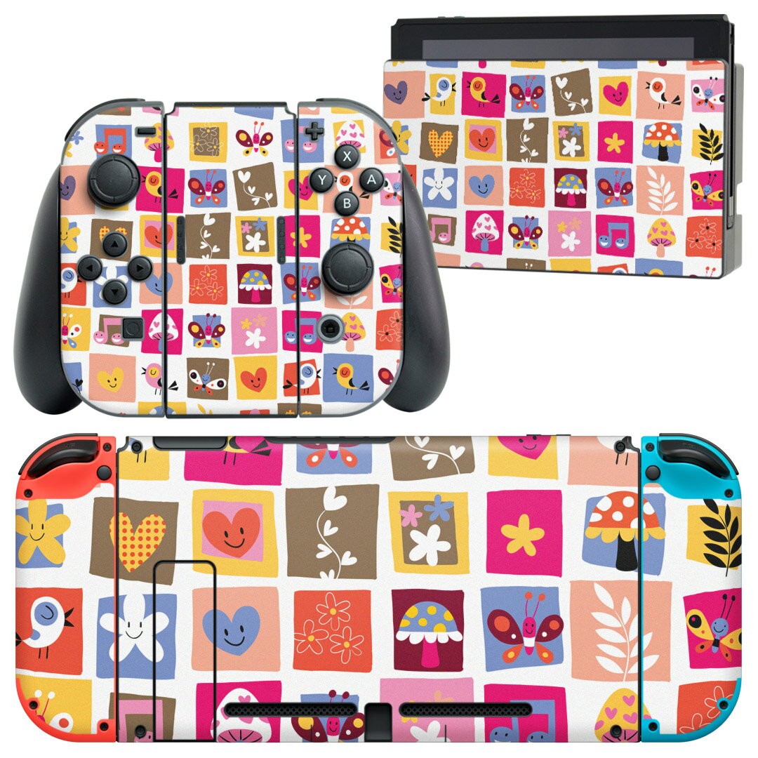 igsticker Nintendo Switch 用 デザインスキンシール 任天堂 ニンテンドー スイッチ 専用 本体ドック Joy-Con Joycon ジョイコン 専用 ゲーム機 カバー アクセサリー フィルム ステッカー 008141 カラフル ハート 鳥 花