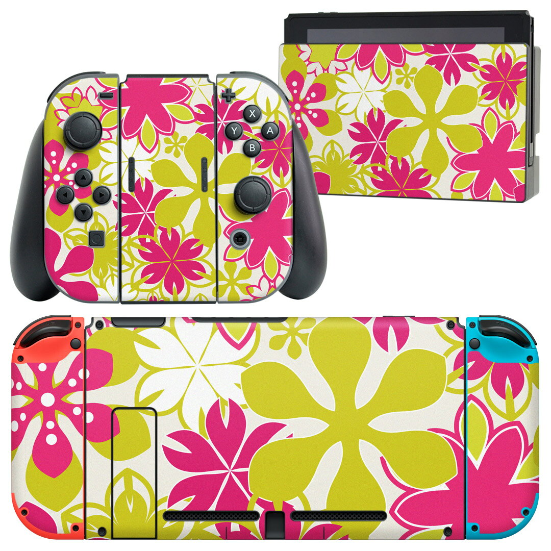 igsticker Nintendo Switch 用 デザインスキンシール 任天堂 ニンテンドー スイッチ 専用 本体ドック Joy-Con Joycon ジョイコン 専用 ゲーム機 カバー アクセサリー フィルム ステッカー 008168 花　　ピンク　黄緑　模様