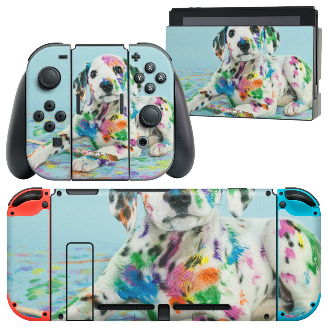 igsticker Nintendo Switch 用 デザインスキンシール 任天堂 ニンテンドー スイッチ 専用 本体ドック Joy-Con Joycon ジョイコン 専用 ゲーム機 カバー アクセサリー フィルム ステッカー 008181 写真 カラフル ペンキ 犬 インク