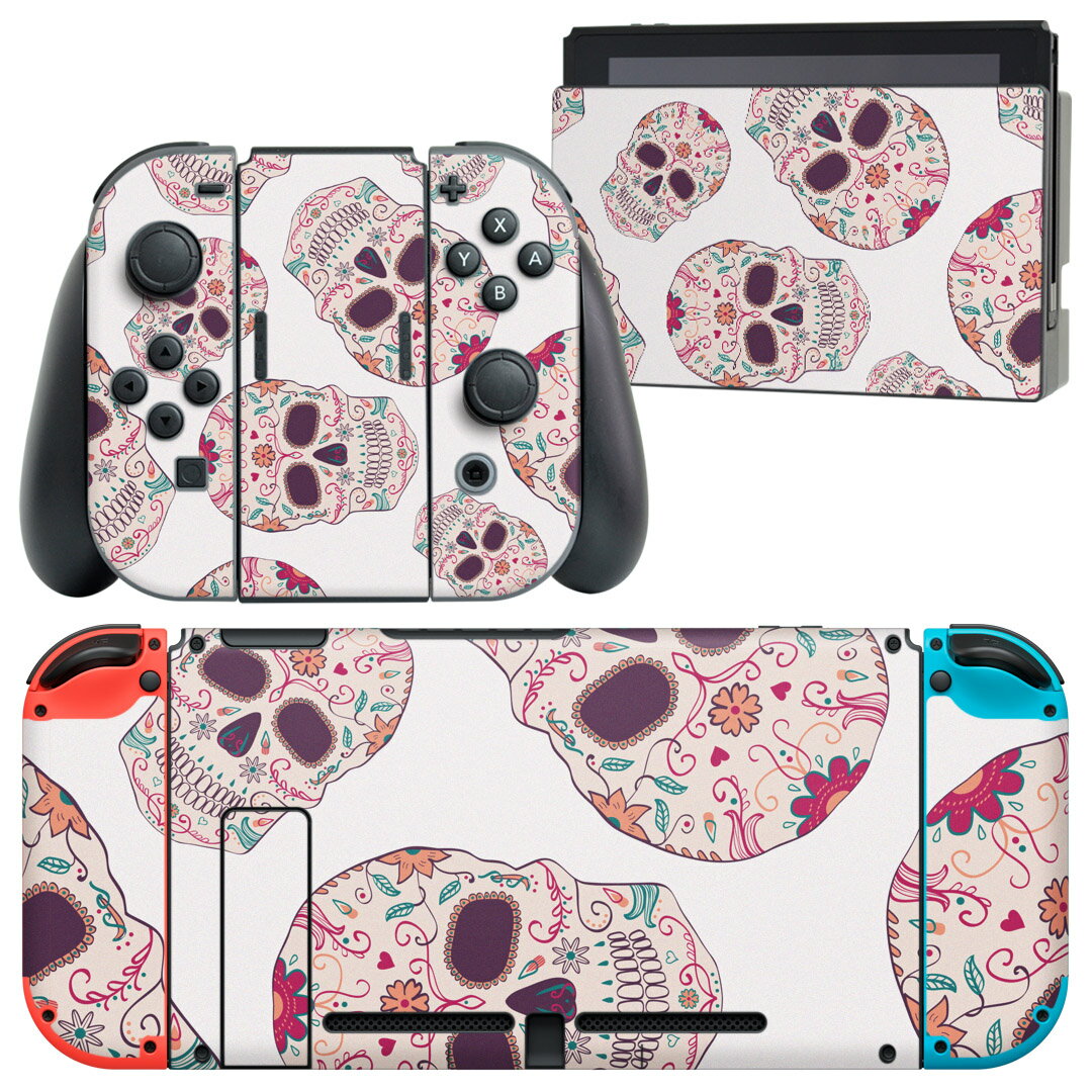 igsticker Nintendo Switch 用 デザインスキンシール 任天堂 ニンテンドー スイッチ 専用 本体ドック Joy-Con Joycon ジョイコン 専用 ゲーム機 カバー アクセサリー フィルム ステッカー 008188 カラフル　骸骨　ドクロ　花