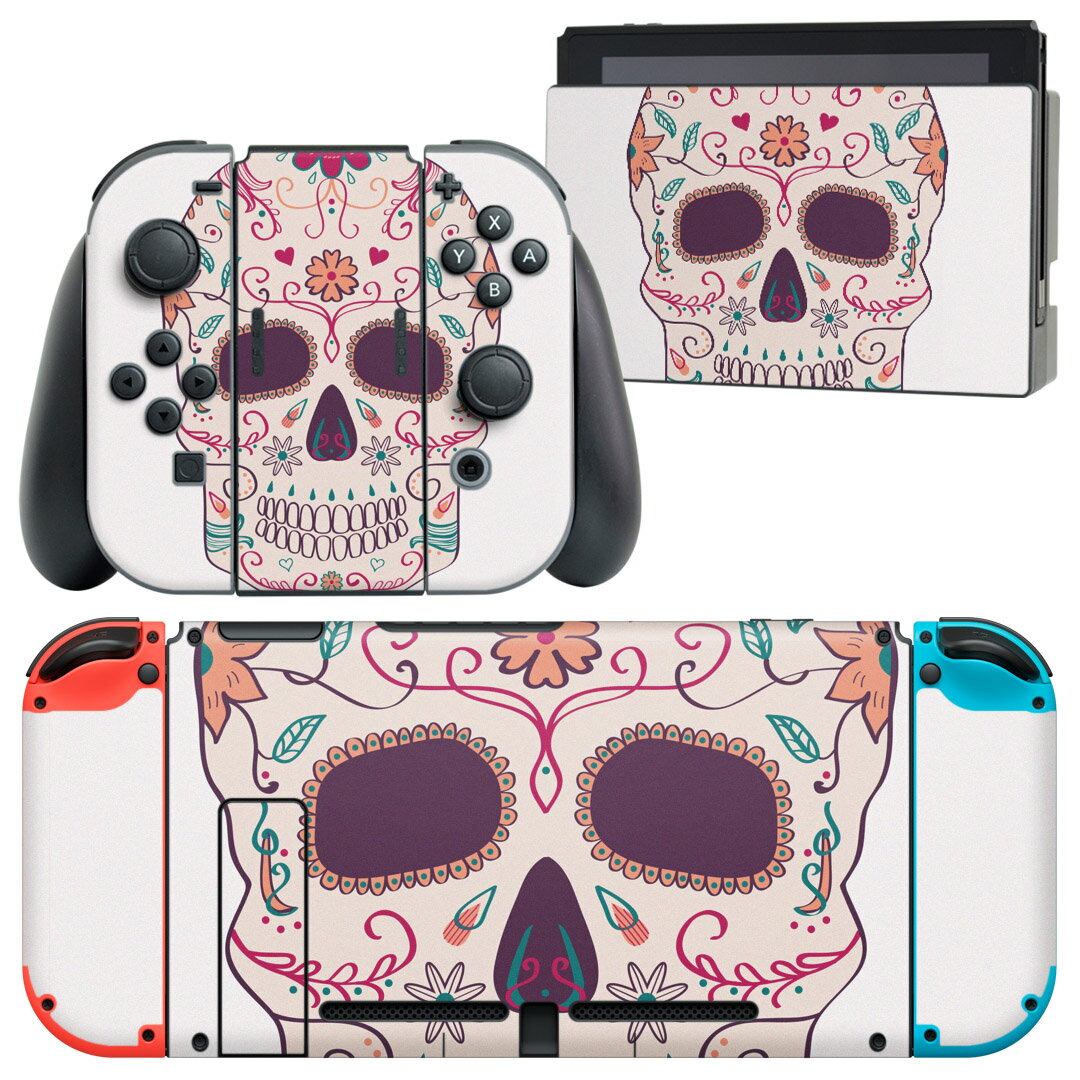igsticker Nintendo Switch 用 デザインスキンシール 任天堂 ニンテンドー スイッチ 専用 本体ドック Joy-Con Joycon ジョイコン 専用 ゲーム機 カバー アクセサリー フィルム ステッカー 008189 カラフル　骸骨　ドクロ　花