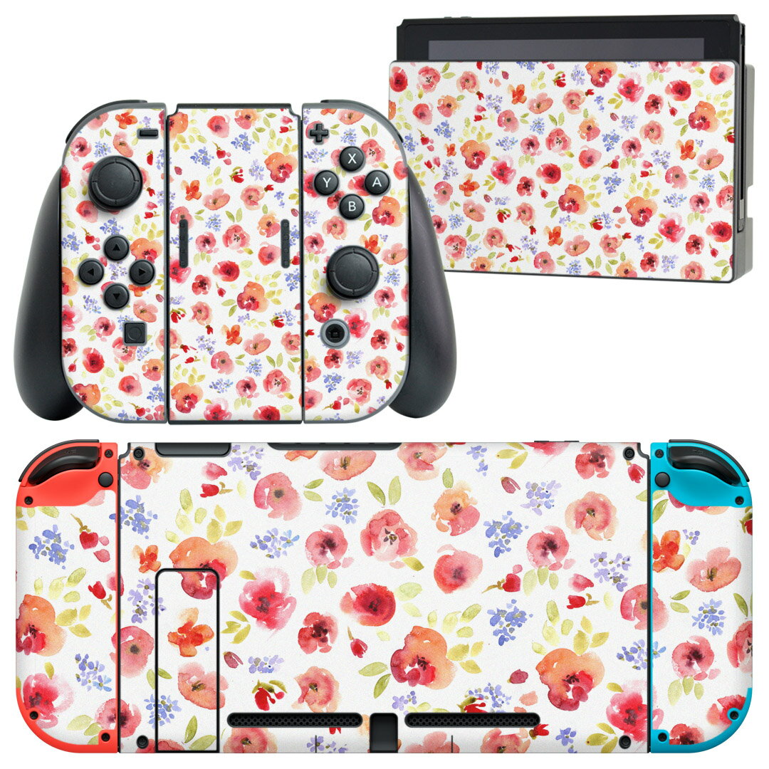 igsticker Nintendo Switch 用 デザインスキンシール 任天堂 ニンテンドー スイッチ 専用 本体ドック Joy-Con Joycon ジョイコン 専用 ゲーム機 カバー アクセサリー フィルム ステッカー 008222 花 赤 レッド 模様 水彩