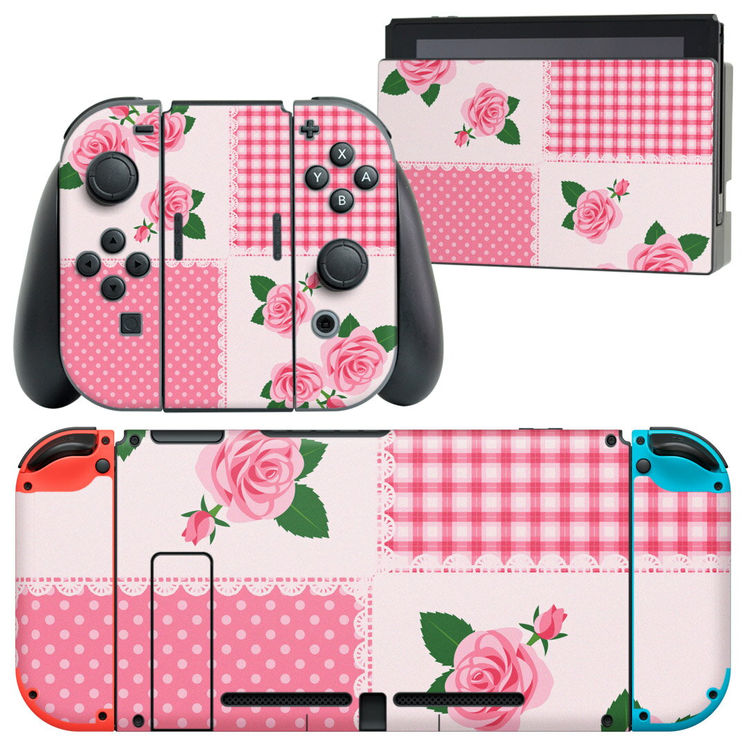 igsticker Nintendo Switch 用 デザインスキンシール 任天堂 ニンテンドー スイッチ 専用 本体ドック Joy-Con Joycon ジョイコン 専用 ゲーム機 カバー アクセサリー フィルム ステッカー 008231 花  模様 ピンク チェック