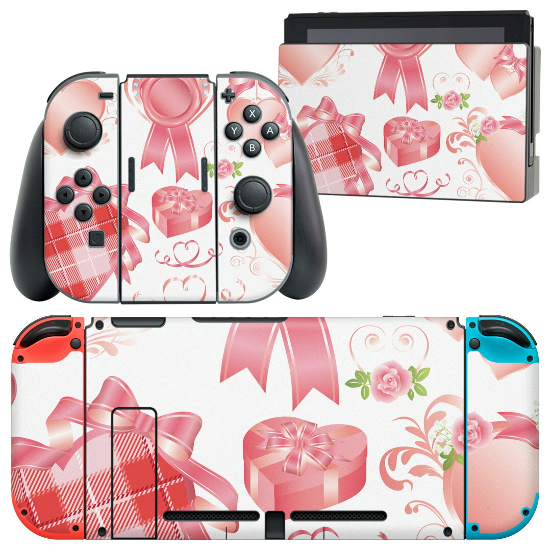 igsticker Nintendo Switch 用 デザインスキンシール 任天堂 ニンテンドー スイッチ 専用 本体ドック Joy-Con Joycon ジョイコン 専用 ゲーム機 カバー アクセサリー フィルム ステッカー 008301 バレンタイン　ピンク　リボン　ハート