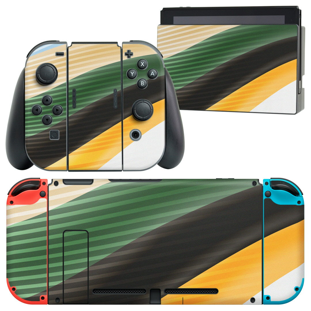 igsticker Nintendo Switch 用 デザインスキンシール 任天堂 ニンテンドー スイッチ 専用 本体ドック Joy-Con Joycon ジョイコン 専用 ゲーム機 カバー アクセサリー フィルム ステッカー 008333 ストライプ　グリーン　イエロー　波