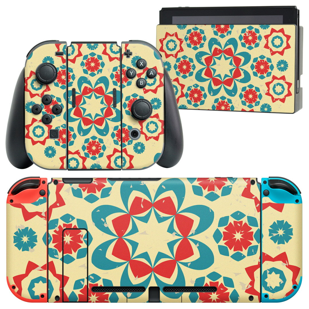 igsticker Nintendo Switch 用 デザインスキンシール 任天堂 ニンテンドー スイッチ 専用 本体ドック Joy-Con Joycon ジョイコン 専用 ゲーム機 カバー アクセサリー フィルム ステッカー 008337 花 模様 レトロ