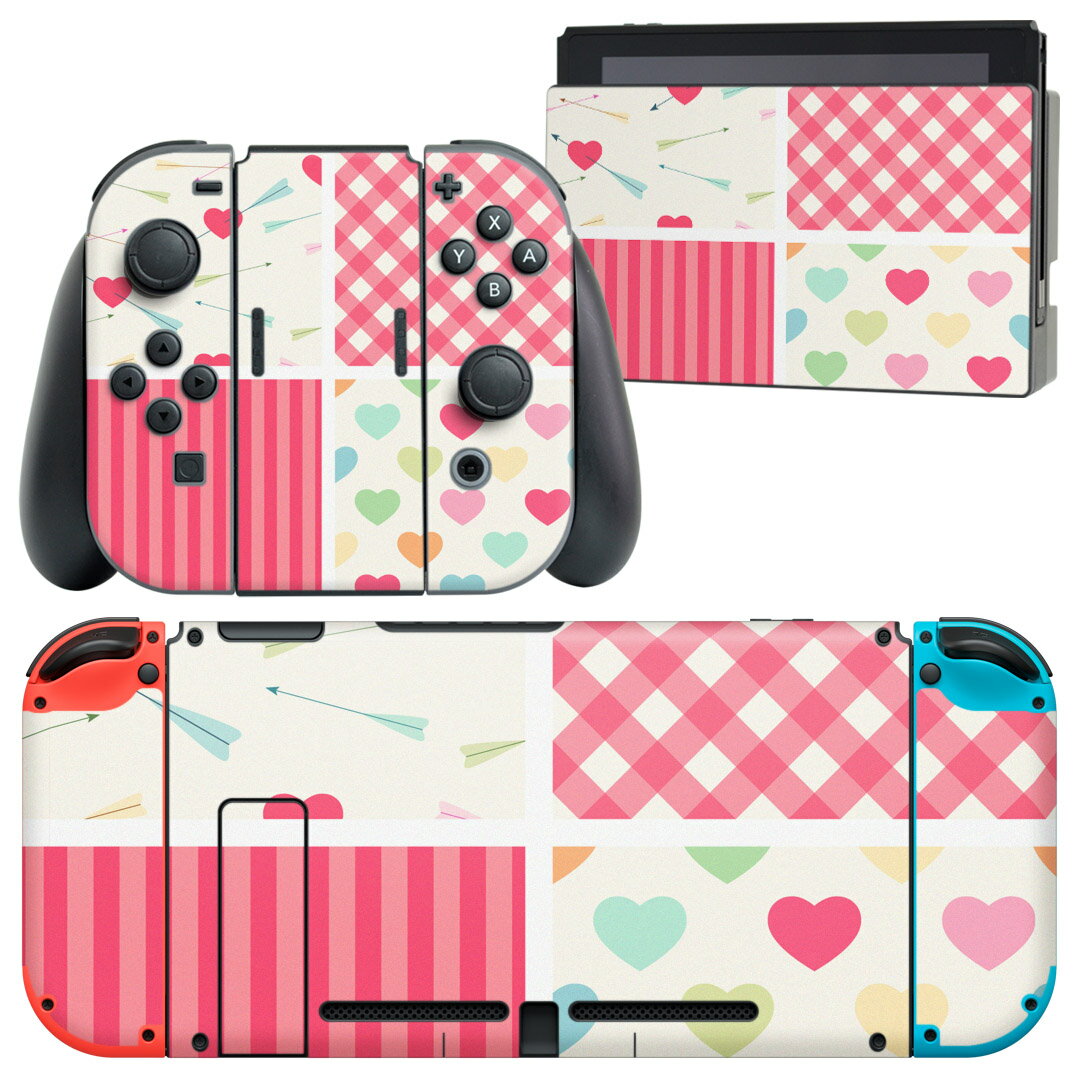 igsticker Nintendo Switch 用 デザインスキンシール 任天堂 ニンテンドー スイッチ 専用 本体ドック Joy-Con Joycon ジョイコン 専用 ゲーム機 カバー アクセサリー フィルム ステッカー 008395 ハート　パステル　カラフル　模様