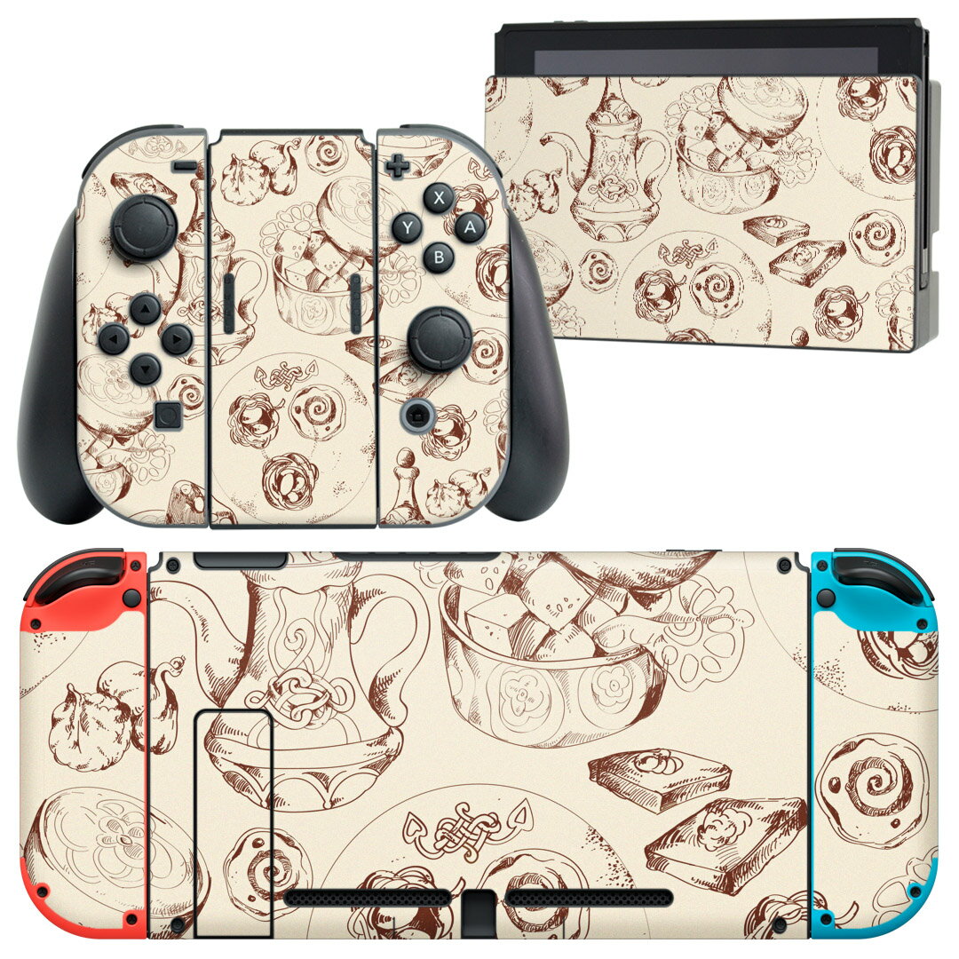 igsticker Nintendo Switch 用 デザインスキンシール 任天堂 ニンテンドー スイッチ 専用 本体ドック Joy-Con Joycon ジョイコン 専用 ゲーム機 カバー アクセサリー フィルム ステッカー 008399 イラスト　紅茶　お菓子　模様