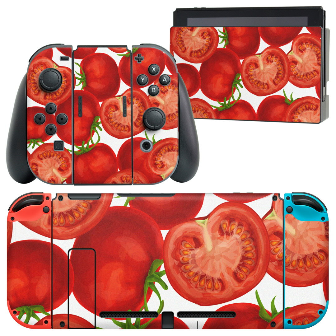 igsticker Nintendo Switch 用 デザインスキンシール 任天堂 ニンテンドー スイッチ 専用 本体ドック Joy-Con Joycon ジョイコン 専用 ゲーム機 カバー アクセサリー フィルム ステッカー 008422 野菜　トマト　赤　レッド　模様