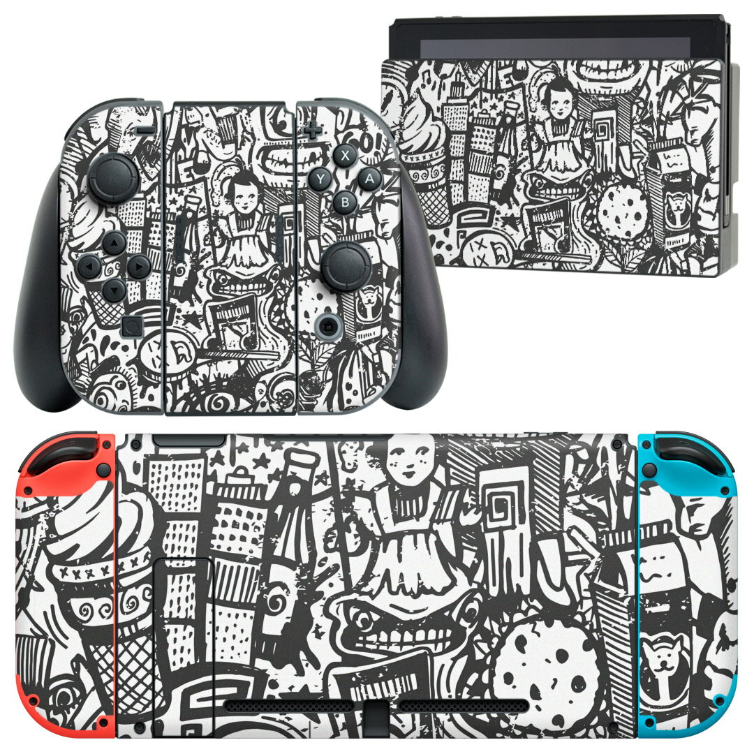 igsticker Nintendo Switch 用 デザインスキンシール 任天堂 ニンテンドー スイッチ 専用 本体ドック Joy-Con Joycon ジョイコン 専用 ゲーム機 カバー アクセサリー フィルム ステッカー 008430 白黒　版画　イラスト　模様