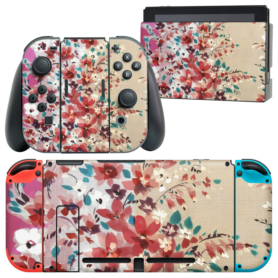 igsticker Nintendo Switch 用 デザインスキンシール 任天堂 ニンテンドー スイッチ 専用 本体ドック Joy-Con Joycon ジョイコン 専用 ゲーム機 カバー アクセサリー フィルム ステッカー 008577 花　　ピンク　レッド