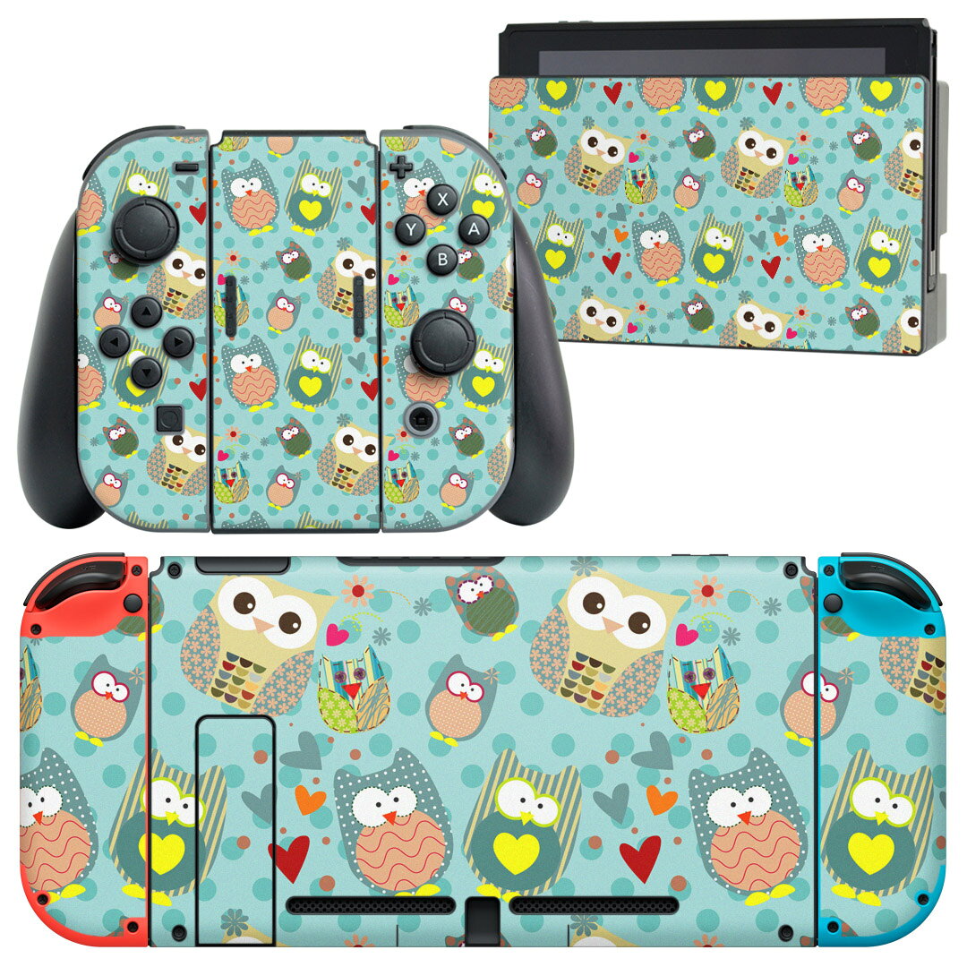 igsticker Nintendo Switch 用 デザインスキンシール 任天堂 ニンテンドー スイッチ 専用 本体ドック Joy-Con Joycon ジョイコン 専用 ゲーム機 カバー アクセサリー フィルム ステッカー 008617 フクロウ　水色　模様　水玉