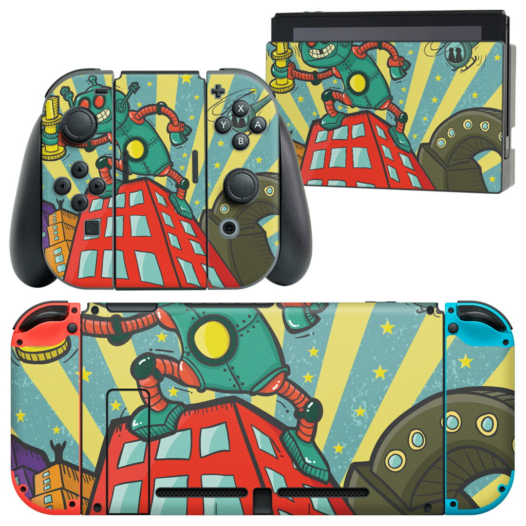 igsticker Nintendo Switch 用 デザインスキンシール 任天堂 ニンテンドー スイッチ 専用 本体ドック Joy-Con Joycon ジョイコン 専用 ゲーム機 カバー アクセサリー フィルム ステッカー 008742 ロボット イラスト レトロ