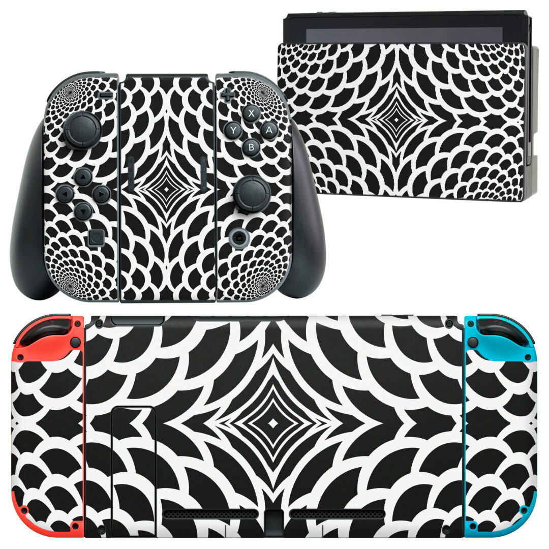igsticker Nintendo Switch 用 デザインスキンシール 任天堂 ニンテンドー スイッチ 専用 本体ドック Joy-Con Joycon ジョイコン 専用 ゲーム機 カバー アクセサリー フィルム ステッカー 008754 白黒　花　　模様