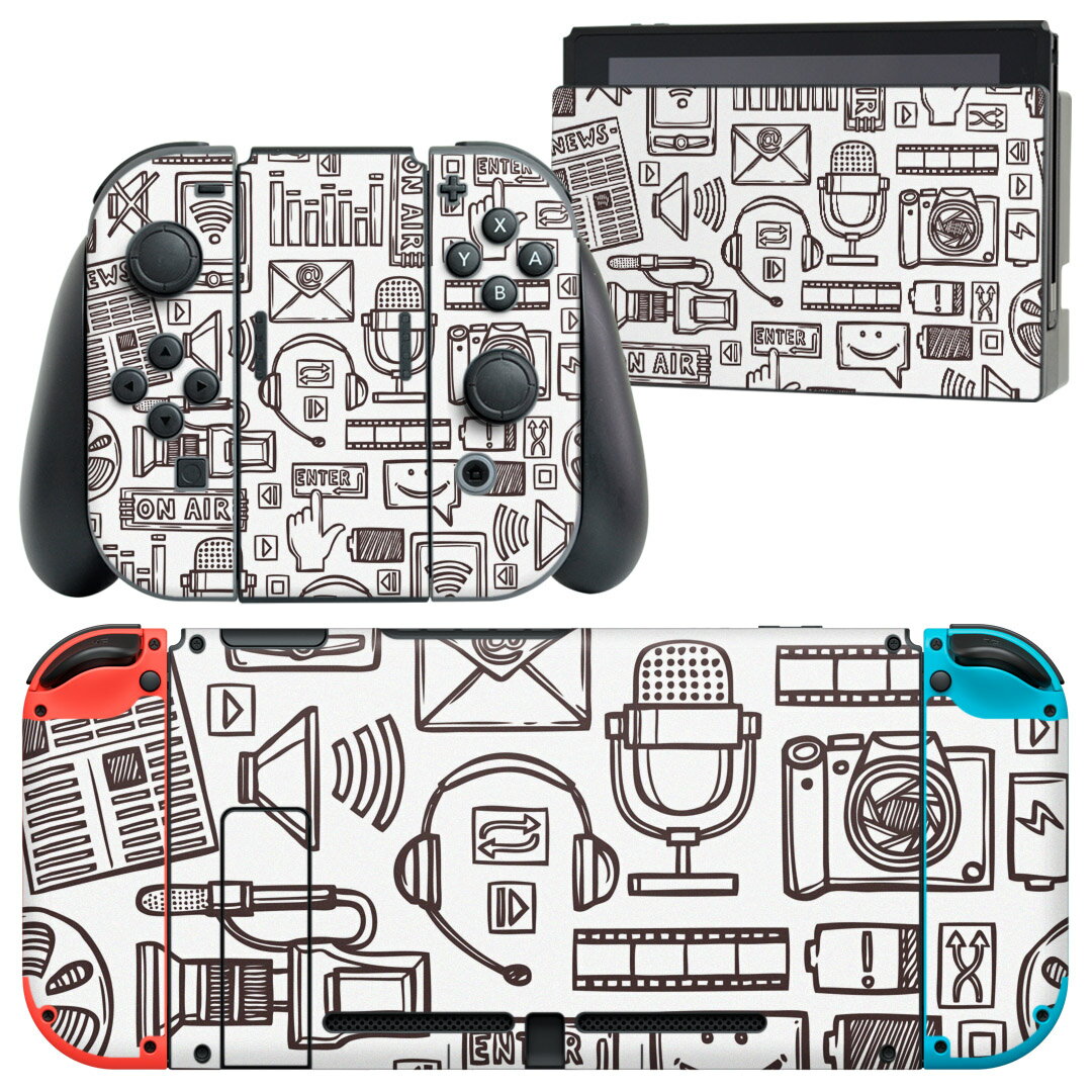 igsticker Nintendo Switch 用 デザインスキンシール 任天堂 ニンテンドー スイッチ 専用 本体ドック Joy-Con Joycon ジョイコン 専用 ゲーム機 カバー アクセサリー フィルム ステッカー 008788 白黒 イラスト ラジオ