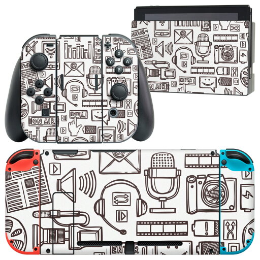 igsticker Nintendo Switch 用 デザインスキンシール 任天堂 ニンテンドー スイッチ 専用 本体ドック Joy-Con Joycon ジョイコン 専用 ゲーム機 カバー アクセサリー フィルム ステッカー 008788 白黒 イラスト ラジオ