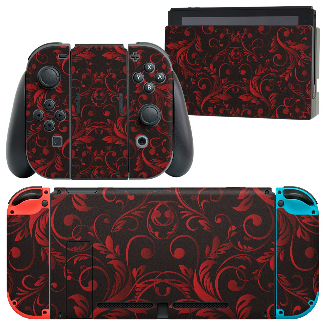 igsticker Nintendo Switch 用 デザインスキンシール 任天堂 ニンテンドー スイッチ 専用 本体ドック Joy-Con Joycon ジョイコン 専用 ゲーム機 カバー アクセサリー フィルム ステッカー 008817 赤　レッド　黒　ブラック　模様