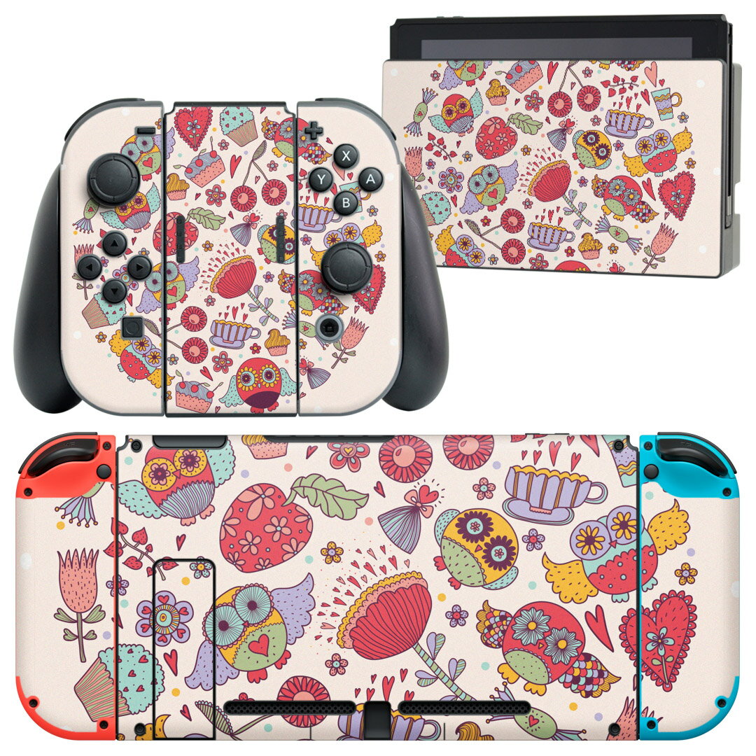 igsticker Nintendo Switch 用 デザインスキンシール 任天堂 ニンテンドー スイッチ 専用 本体ドック Joy-Con Joycon ジョイコン 専用 ゲーム機 カバー アクセサリー フィルム ステッカー 008887 イラスト ピンク フクロウ ハート