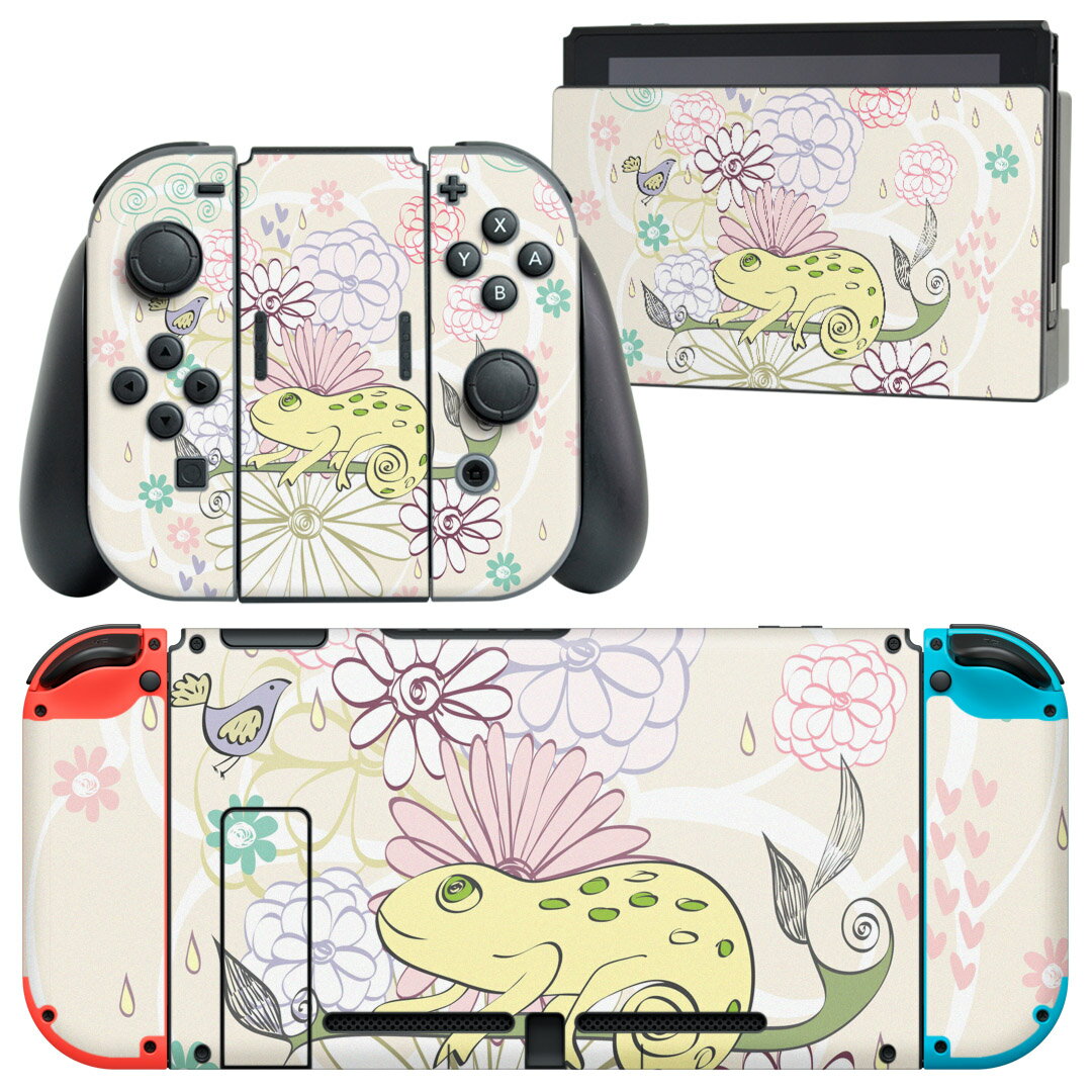 igsticker Nintendo Switch 用 デザインスキンシール 任天堂 ニンテンドー スイッチ 専用 本体ドック Joy-Con Joycon ジョイコン 専用 ゲーム機 カバー アクセサリー フィルム ステッカー 008895 花　　ピンク　カメレオン