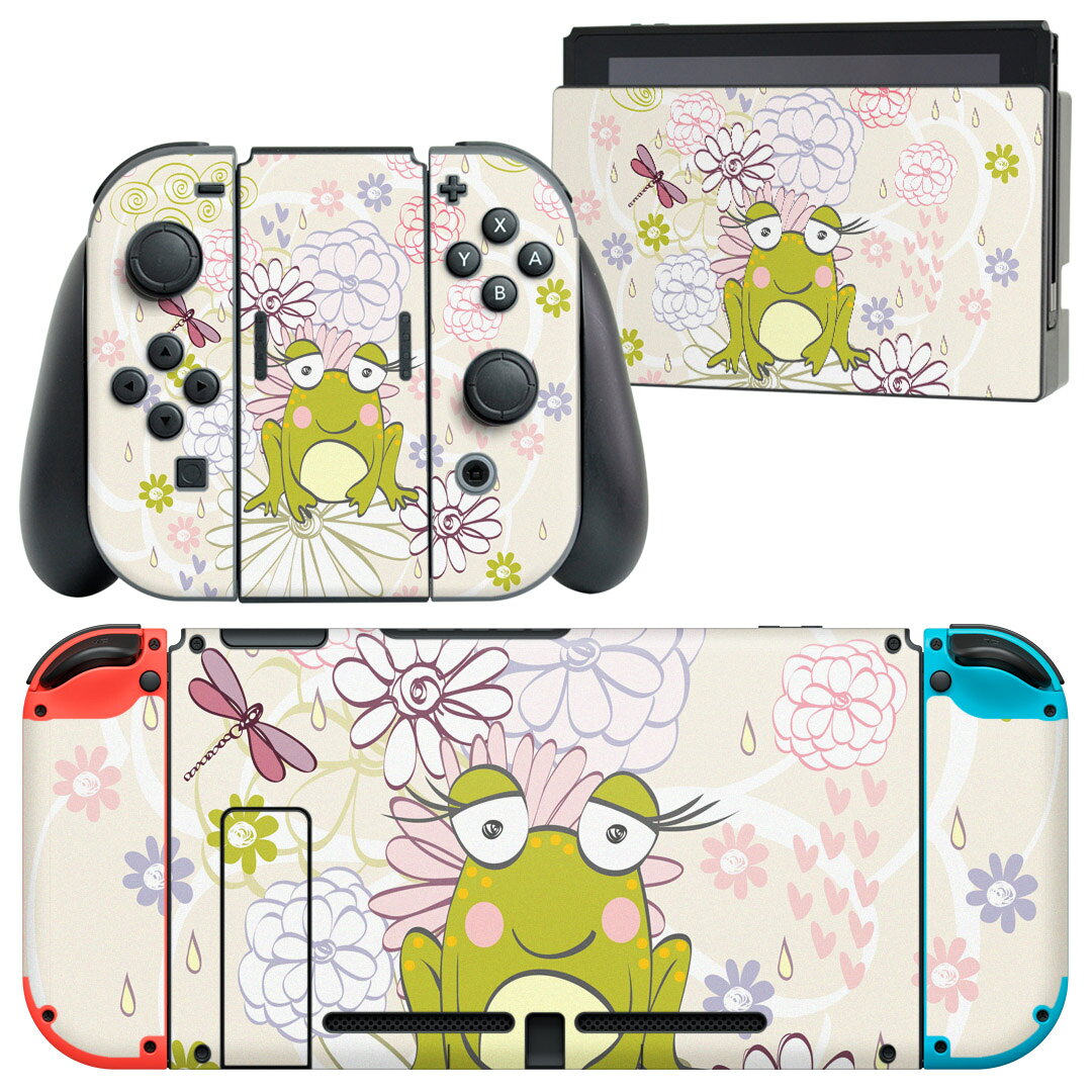 igsticker Nintendo Switch 用 デザインスキンシール 任天堂 ニンテンドー スイッチ 専用 本体ドック Joy-Con Joycon ジョイコン 専用 ゲーム機 カバー アクセサリー フィルム ステッカー 008896 花　　ピンク　カエル