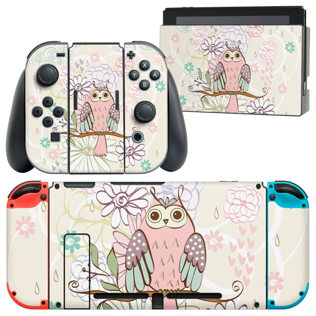 igsticker Nintendo Switch 用 デザインスキンシール 任天堂 ニンテンドー スイッチ 専用 本体ドック Joy-Con Joycon ジョイコン 専用 ゲーム機 カバー アクセサリー フィルム ステッカー 008898 花 ピンク フクロウ