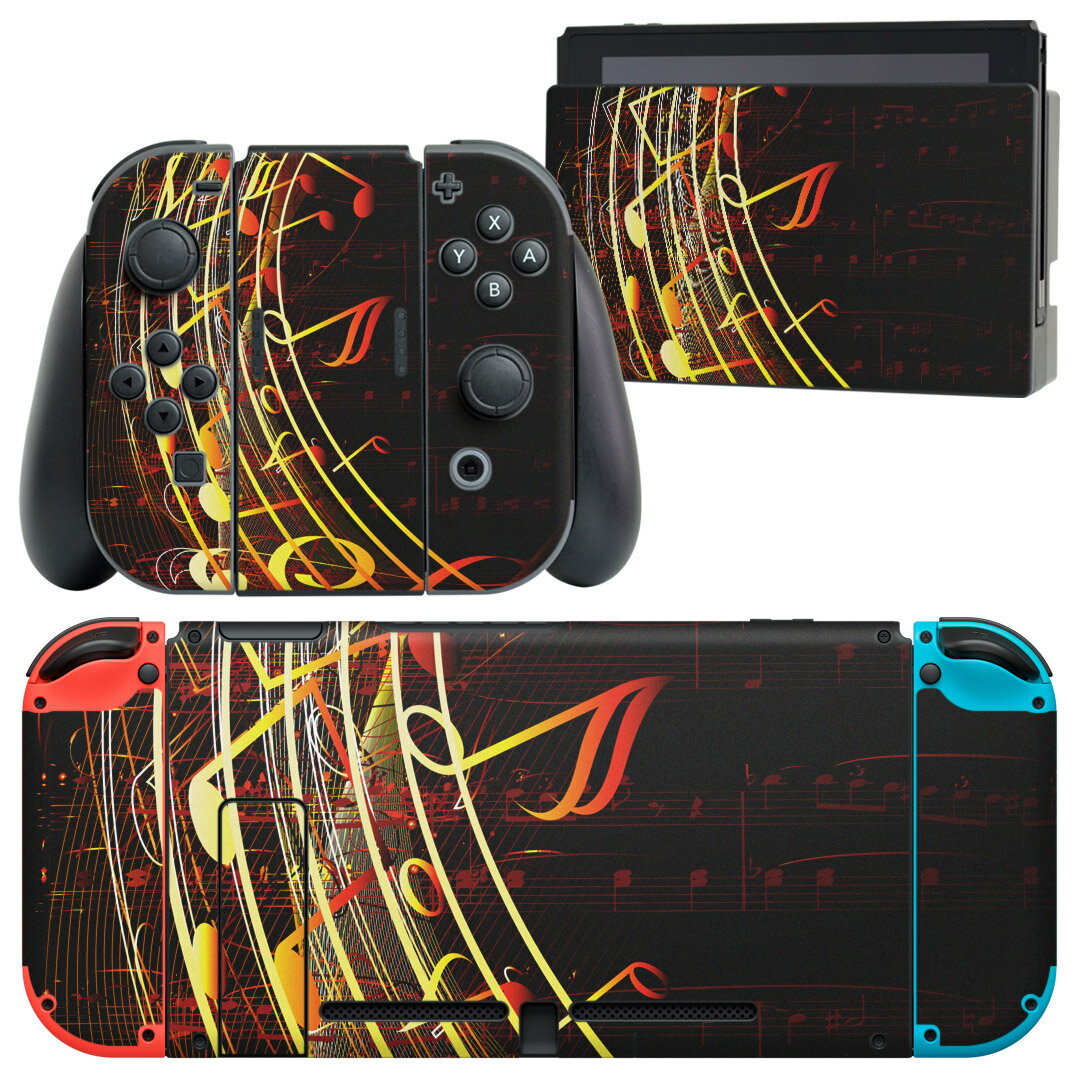 igsticker Nintendo Switch 用 デザインスキンシール 任天堂 ニンテンドー スイッチ 専用 本体ドック Joy-Con Joycon ジョイコン 専用 ゲーム機 カバー アクセサリー フィルム ステッカー 008940 黒 ブラック 音符 おんぷ