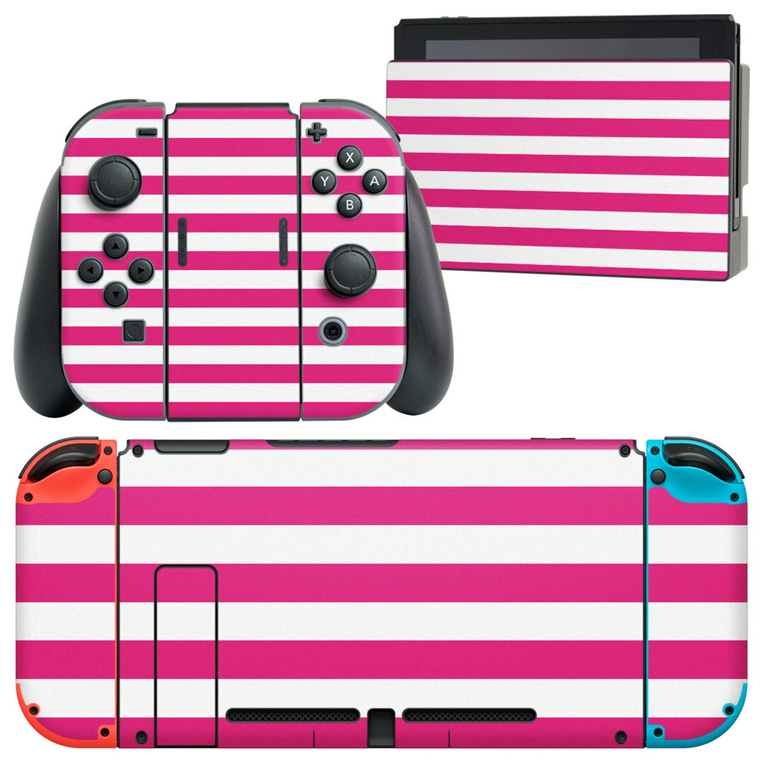 igsticker Nintendo Switch 用 デザインスキンシール 任天堂 ニンテンドー スイッチ 専用 本体ドック Joy-Con Joycon ジョイコン 専用 ゲーム機 カバー アクセサリー フィルム ステッカー 009029 シンプル　ボーダー　ピンク