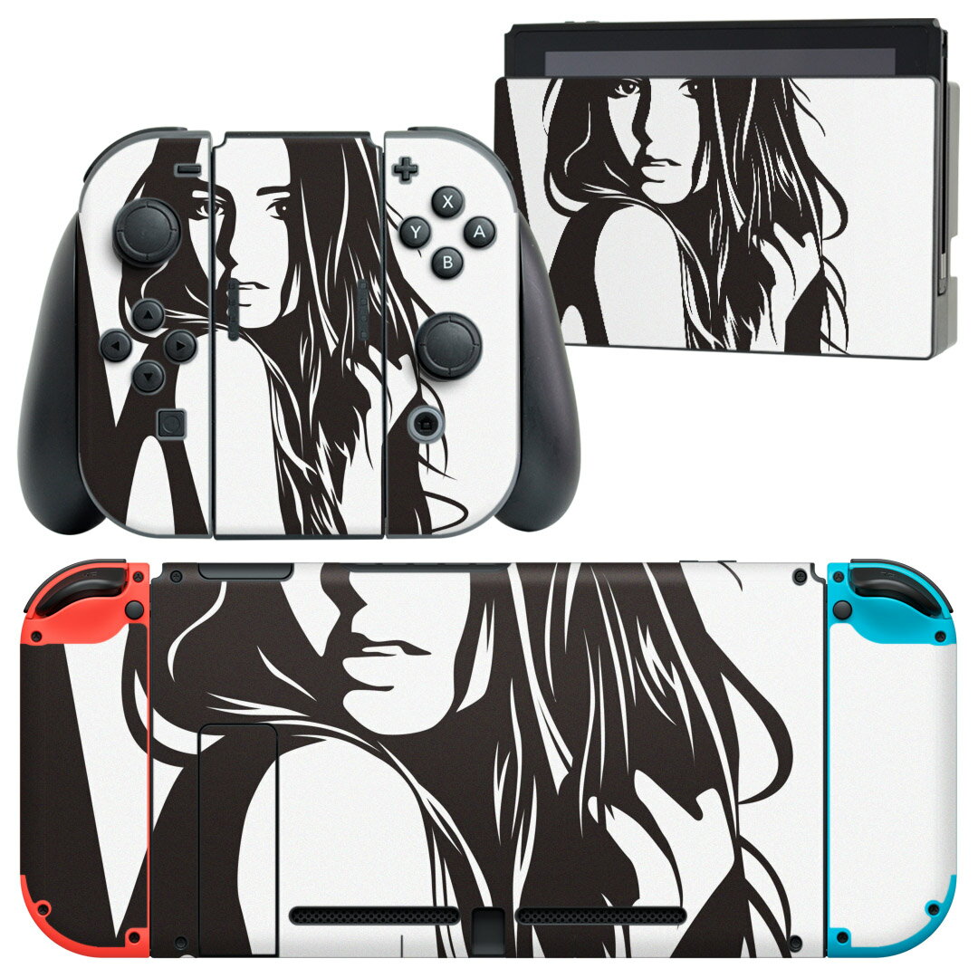 igsticker Nintendo Switch 用 デザインスキンシール 任天堂 ニンテンドー スイッチ 専用 本体ドック Joy-Con Joycon ジョイコン 専用 ゲーム機 カバー アクセサリー フィルム ステッカー 009382 人物　イラスト　モノクロ