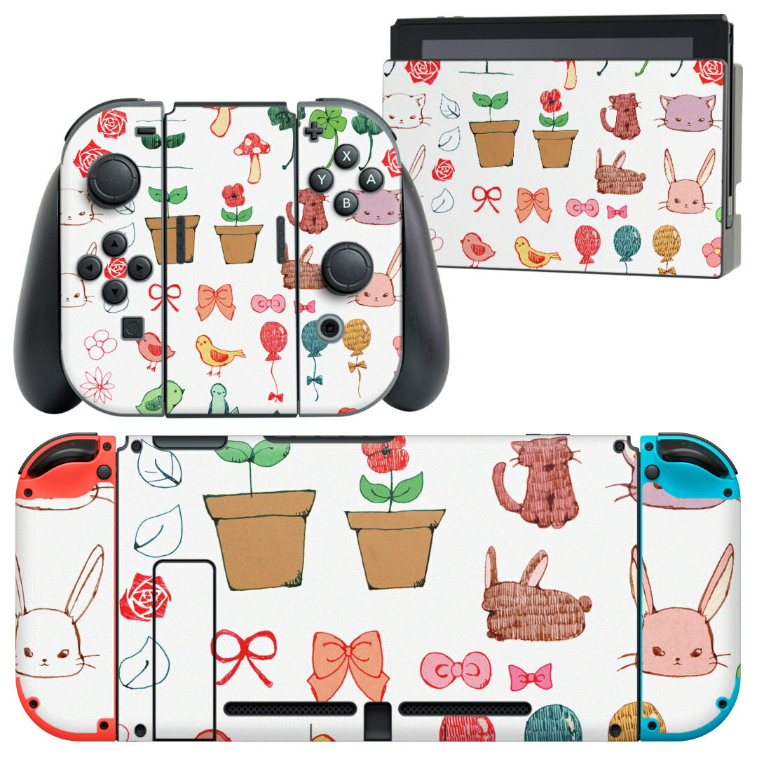 igsticker Nintendo Switch 用 デザインスキンシール 任天堂 ニンテンドー スイッチ 専用 本体ドック Joy-Con Joycon ジョイコン 専用 ゲーム機 カバー アクセサリー フィルム ステッカー 009423 動物 猫 鳥 リボン