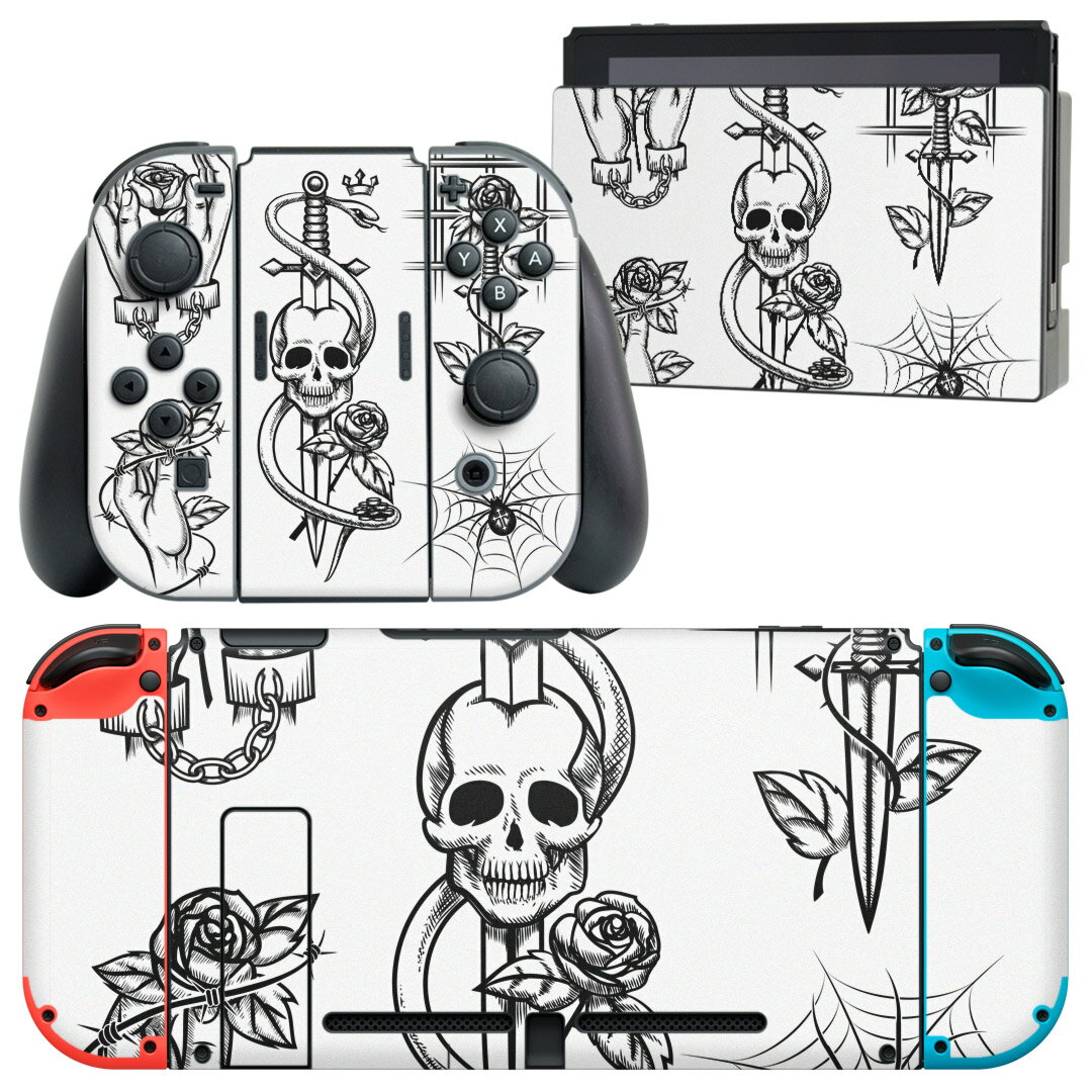 igsticker Nintendo Switch 用 デザインスキンシール 任天堂 ニンテンドー スイッチ 専用 本体ドック Joy-Con Joycon ジョイコン 専用 ゲーム機 カバー アクセサリー フィルム ステッカー 009668 バラ ドクロ アンティーク