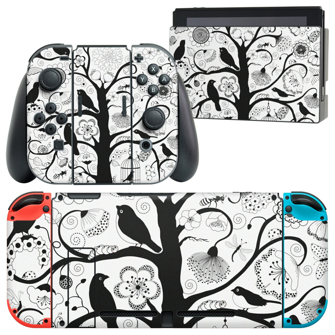 igsticker Nintendo Switch 用 デザインスキンシール 任天堂 ニンテンドー スイッチ 専用 本体ドック Joy-Con Joycon ジョイコン 専用 ゲーム機 カバー アクセサリー フィルム ステッカー 009672 　鳥　モノクロ