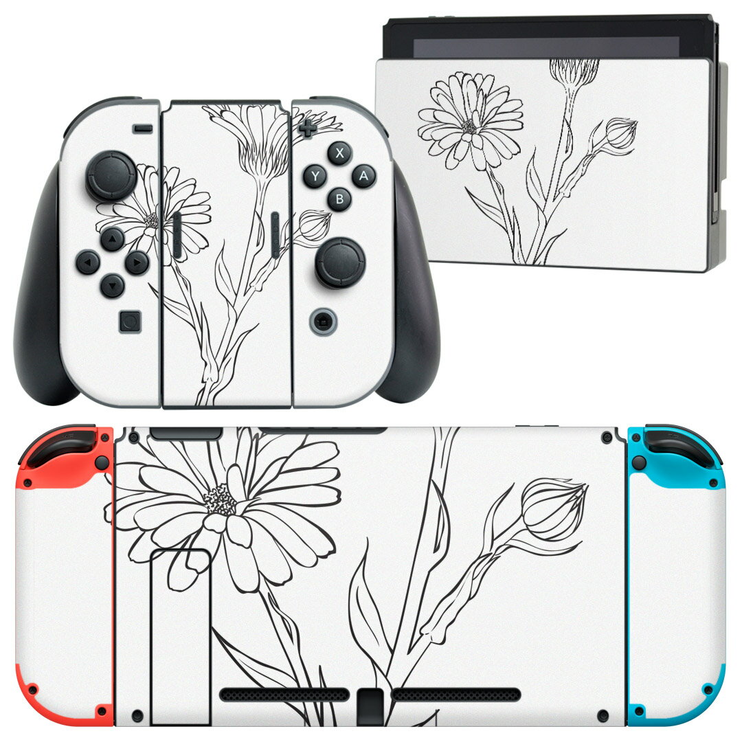 igsticker Nintendo Switch 用 デザインスキンシール 任天堂 ニンテンドー スイッチ 専用 本体ドック Joy-Con Joycon ジョイコン 専用 ゲーム機 カバー アクセサリー フィルム ステッカー 009712 　花　白　黒(2)