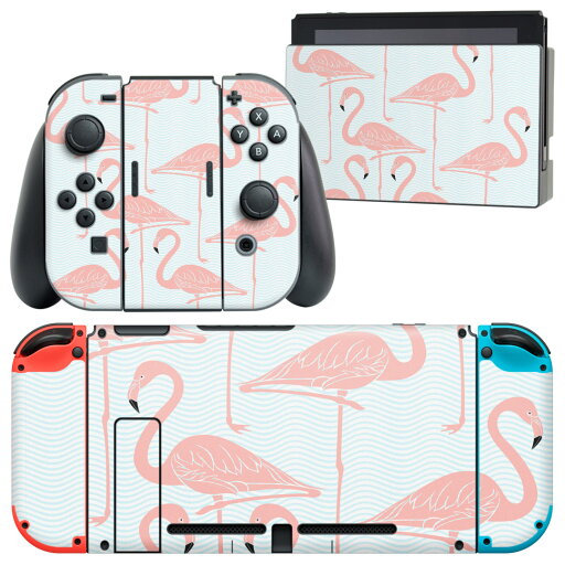 igsticker Nintendo Switch 用 デザインスキンシール 任天堂 ニンテンドー スイッチ 専用 本体ドック Joy-Con Joycon ジョイコン 専用 ゲーム機 カバー アクセサリー フィルム ステッカー 009756 鳥 フラミンゴ ピンク