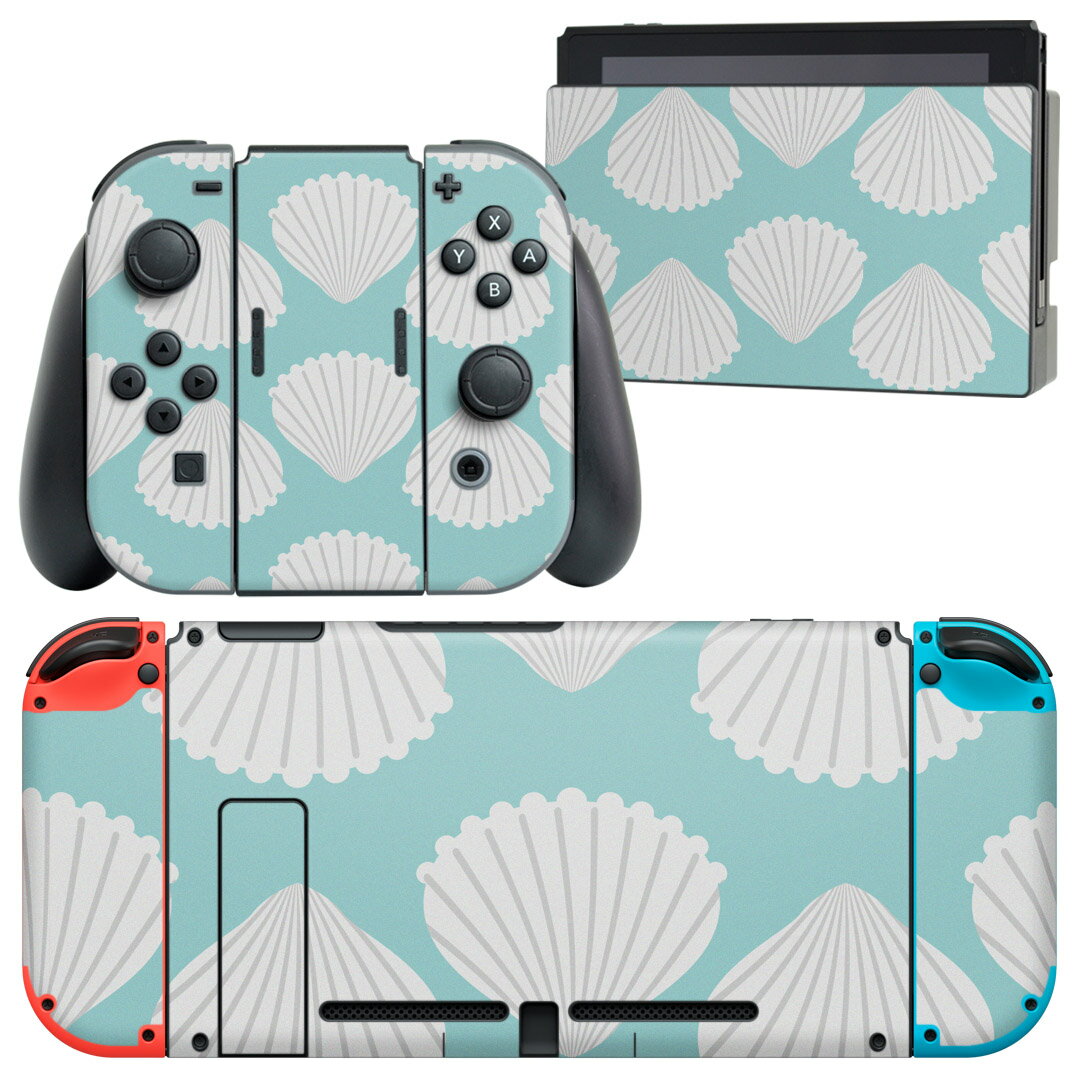 igsticker Nintendo Switch 用 デザインスキンシール 任天堂 ニンテンドー スイッチ 専用 本体ドック Joy-Con Joycon ジョイコン 専用 ゲーム機 カバー アクセサリー フィルム ステッカー 009783 貝殻　模様　青