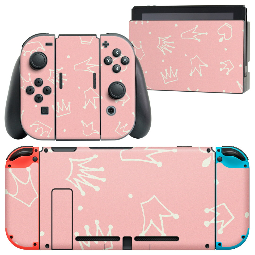 igsticker Nintendo Switch 用 デザインスキンシール 任天堂 ニンテンドー スイッチ 専用 本体ドック Joy-Con Joycon ジョイコン 専用 ゲーム機 カバー アクセサリー フィルム ステッカー 009912 王冠　ピンク　白