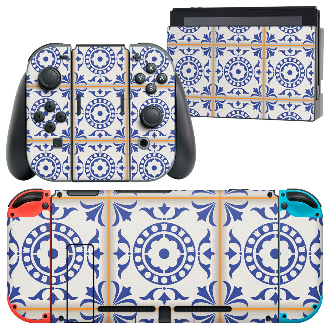 igsticker Nintendo Switch 用 デザインスキンシール 任天堂 ニンテンドー スイッチ 専用 本体ドック Joy-Con Joycon ジョイコン 専用 ゲーム機 カバー アクセサリー フィルム ステッカー 009924 模様 アジアン 青