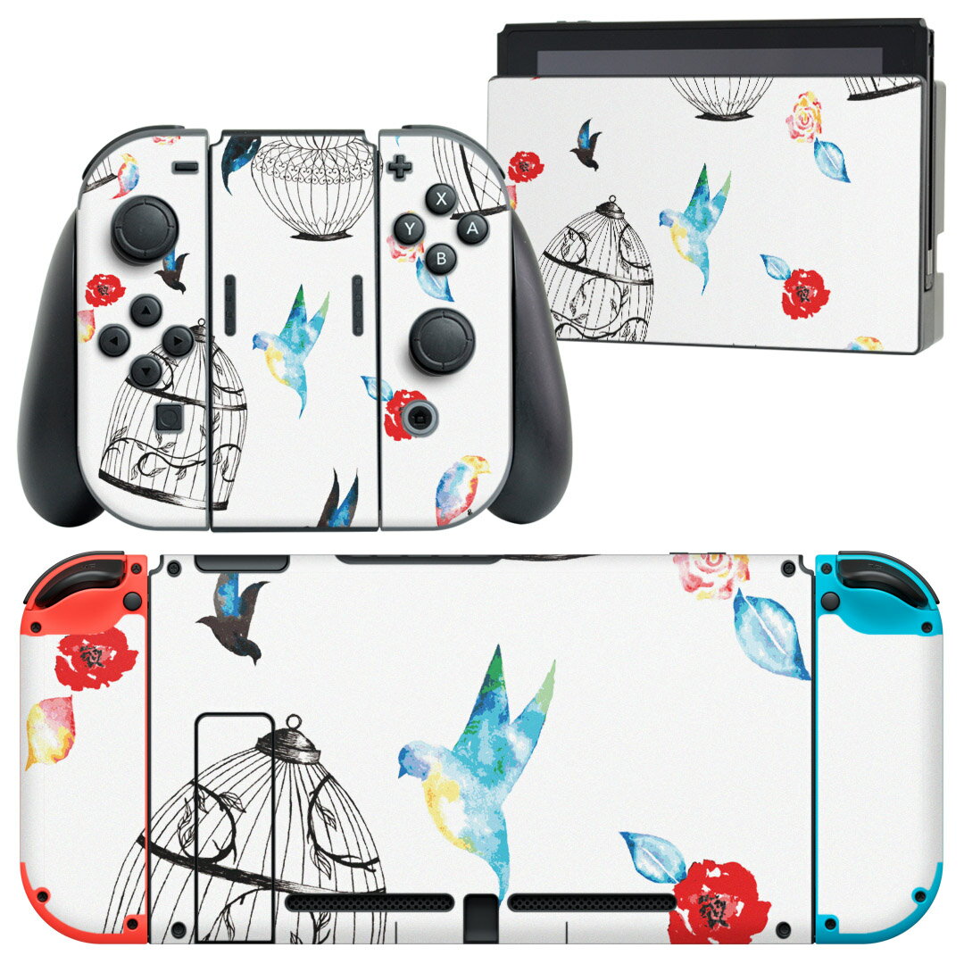 igsticker Nintendo Switch 用 デザインスキンシール 任天堂 ニンテンドー スイッチ 専用 本体ドック Joy-Con Joycon ジョイコン 専用 ゲーム機 カバー アクセサリー フィルム ステッカー 010038 鳥 カラフル