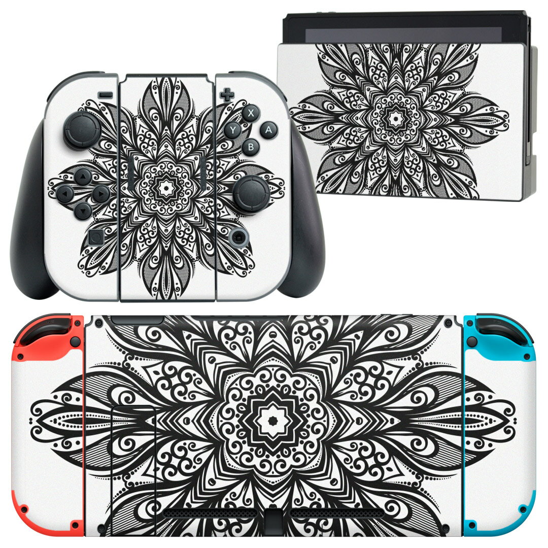 igsticker Nintendo Switch 用 デザインスキンシール 任天堂 ニンテンドー スイッチ 専用 本体ドック Joy-Con Joycon ジョイコン 専用 ゲーム機 カバー アクセサリー フィルム ステッカー 010047 アジアン 模様 白 黒