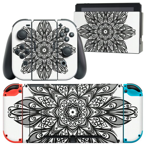 igsticker Nintendo Switch 用 デザインスキンシール 任天堂 ニンテンドー スイッチ 専用 本体ドック Joy-Con Joycon ジョイコン 専用 ゲーム機 カバー アクセサリー フィルム ステッカー 010047 アジアン 模様 白 黒