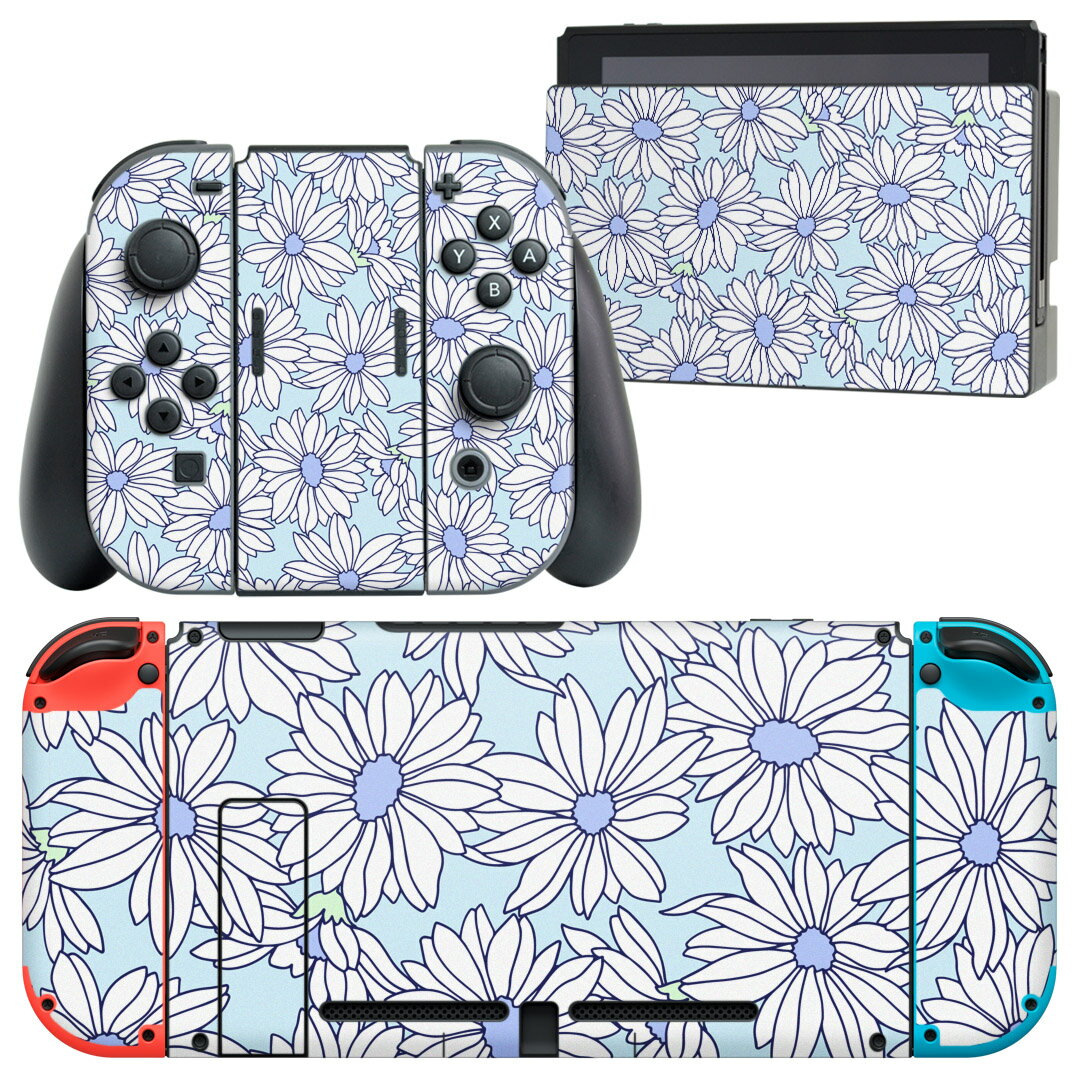 igsticker Nintendo Switch 用 デザインスキンシール 任天堂 ニンテンドー スイッチ 専用 本体ドック Joy-Con Joycon ジョイコン 専用 ゲーム機 カバー アクセサリー フィルム ステッカー 010168 花 青