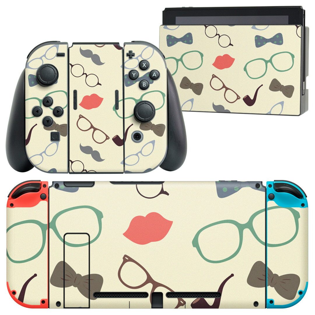 igsticker Nintendo Switch 用 デザインスキンシール 任天堂 ニンテンドー スイッチ 専用 本体ドック Joy-Con Joycon ジョイコン 専用 ゲーム機 カバー アクセサリー フィルム ステッカー 010509 めがね ひげ くちびる