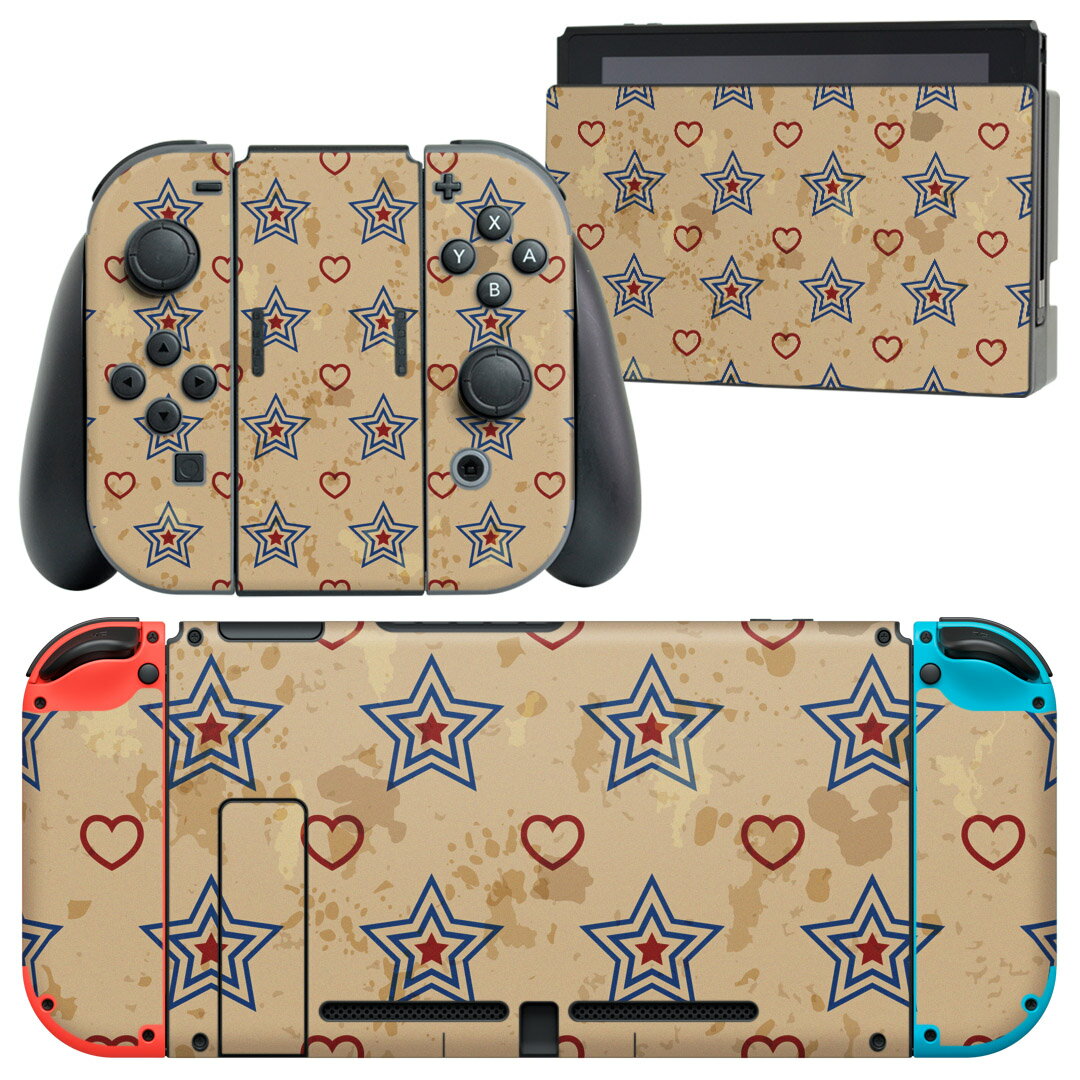 igsticker Nintendo Switch 用 デザインスキンシール 任天堂 ニンテンドー スイッチ 専用 本体ドック Joy-Con Joycon ジョイコン 専用 ゲーム機 カバー アクセサリー フィルム ステッカー 010539 星 ハート 赤 青